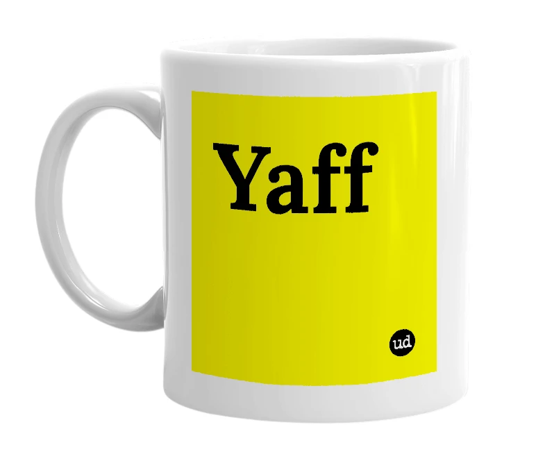 White mug with 'Yaff' in bold black letters