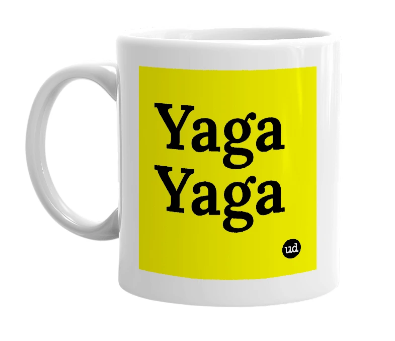 White mug with 'Yaga Yaga' in bold black letters