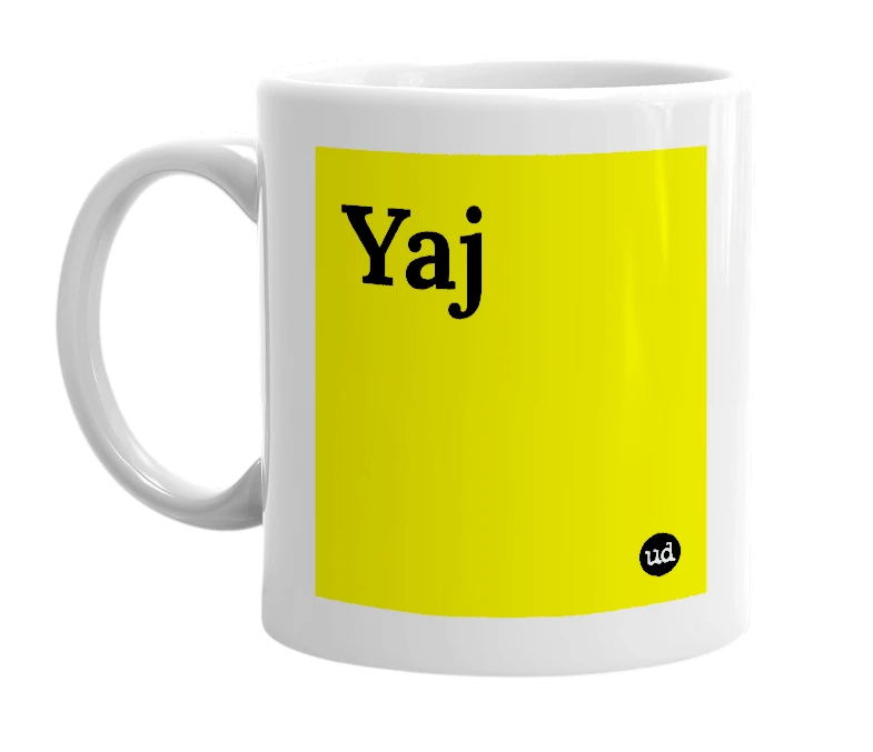 White mug with 'Yaj' in bold black letters