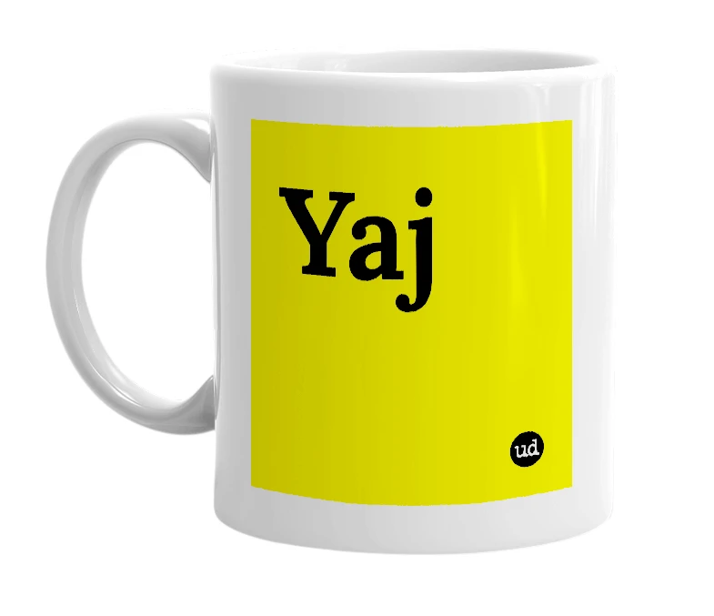 White mug with 'Yaj' in bold black letters