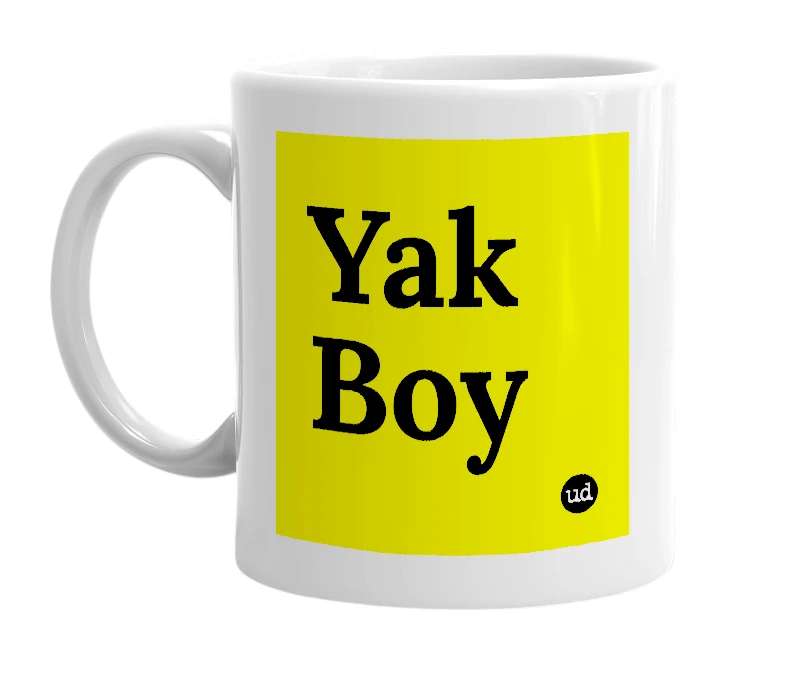 White mug with 'Yak Boy' in bold black letters