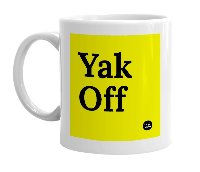 White mug with 'Yak Off' in bold black letters
