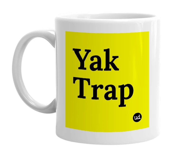 White mug with 'Yak Trap' in bold black letters