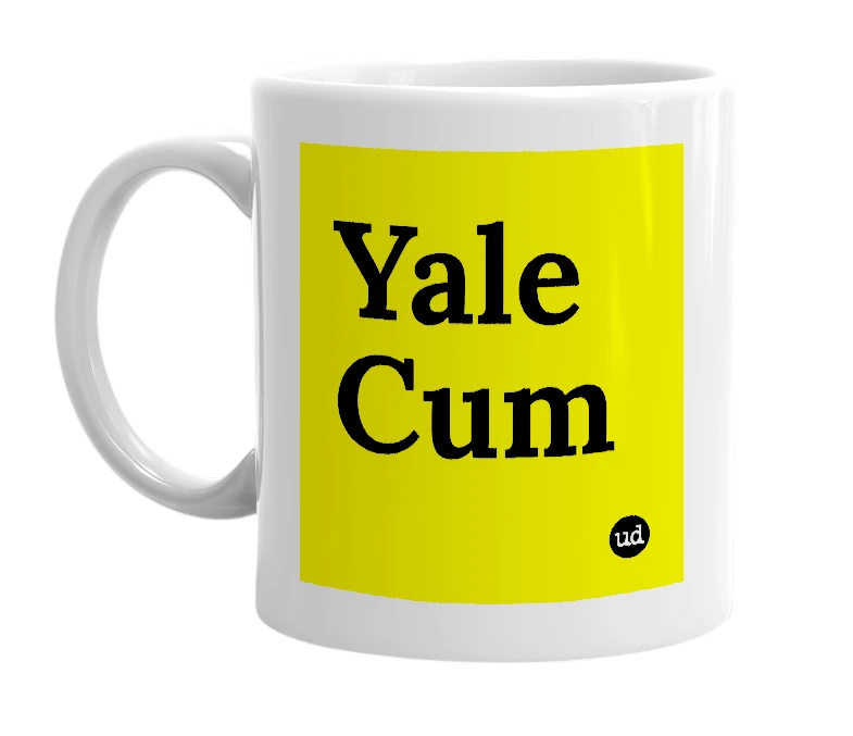 White mug with 'Yale Cum' in bold black letters