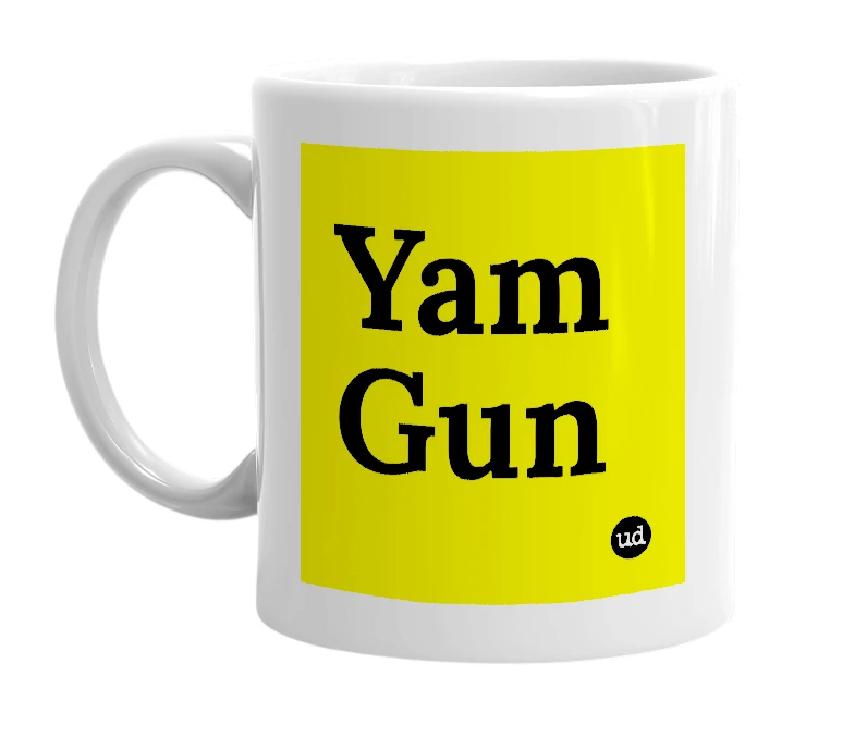 White mug with 'Yam Gun' in bold black letters
