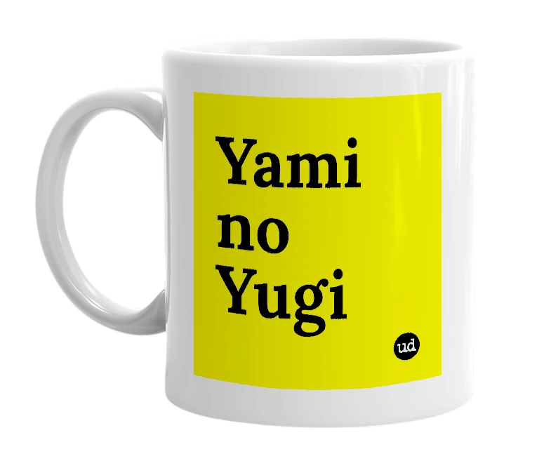 White mug with 'Yami no Yugi' in bold black letters