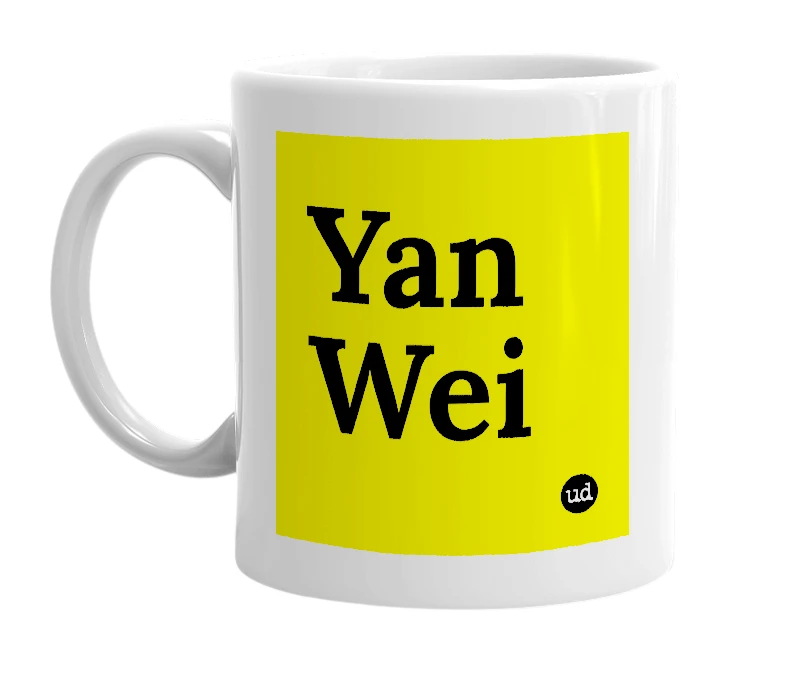 White mug with 'Yan Wei' in bold black letters
