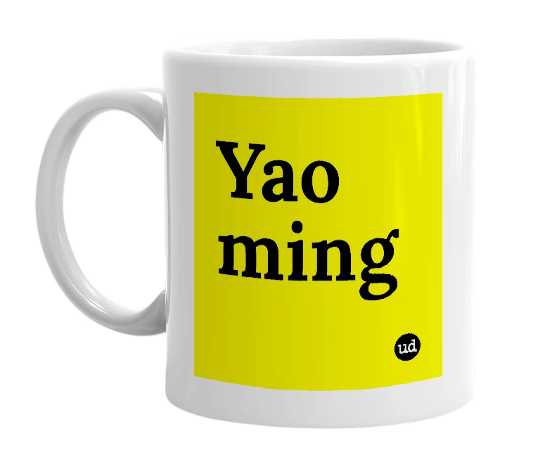 White mug with 'Yao ming' in bold black letters