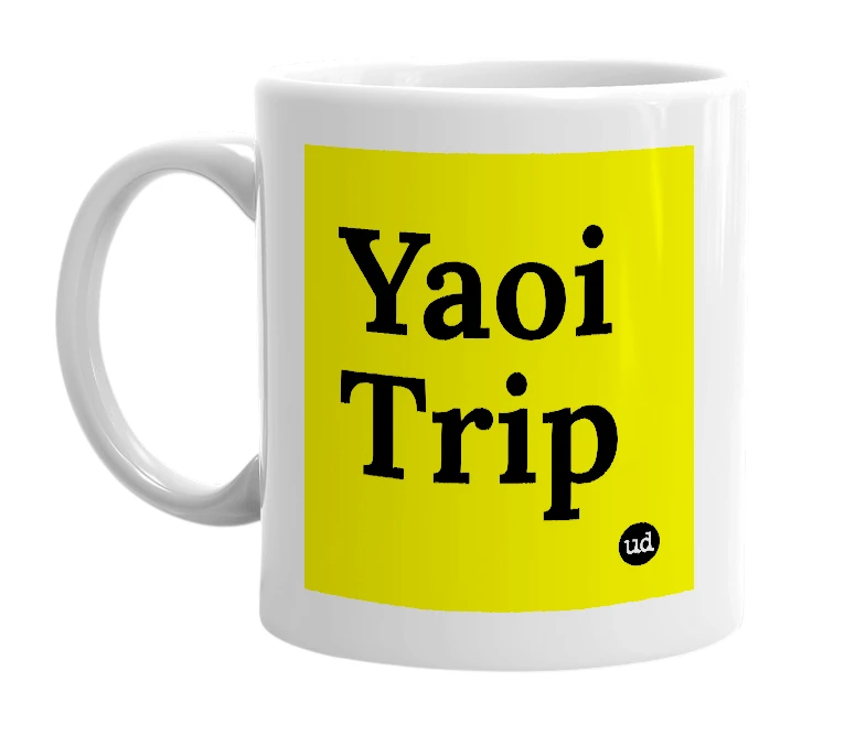 White mug with 'Yaoi Trip' in bold black letters