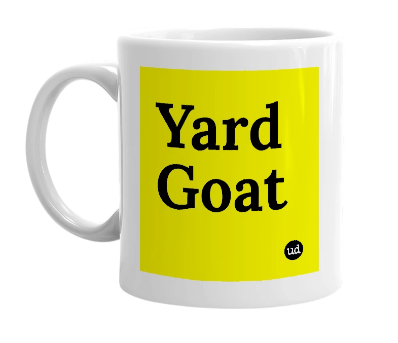 White mug with 'Yard Goat' in bold black letters