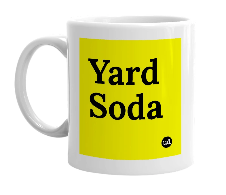 White mug with 'Yard Soda' in bold black letters