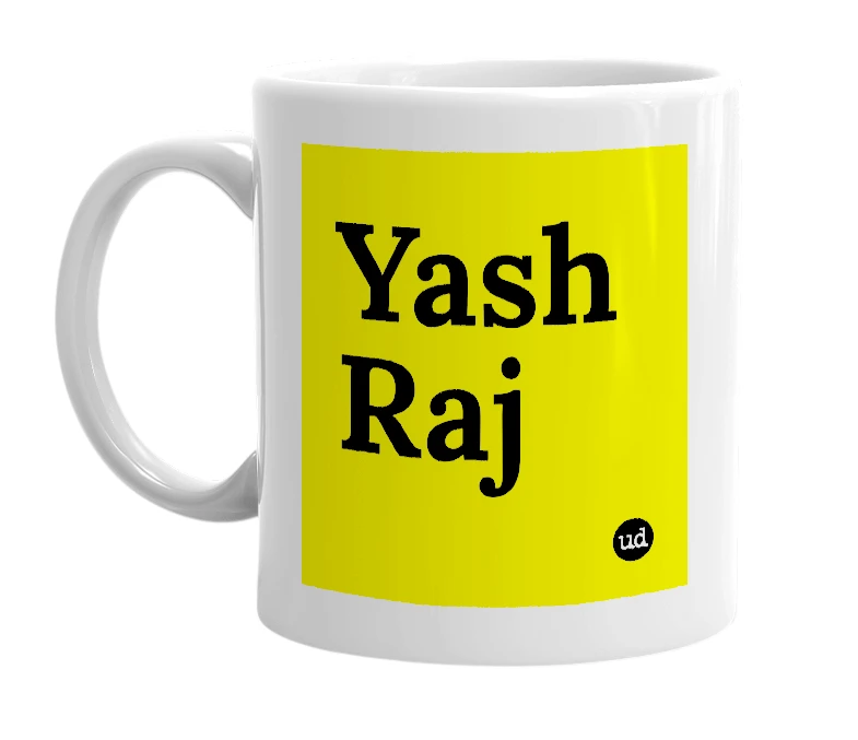 White mug with 'Yash Raj' in bold black letters