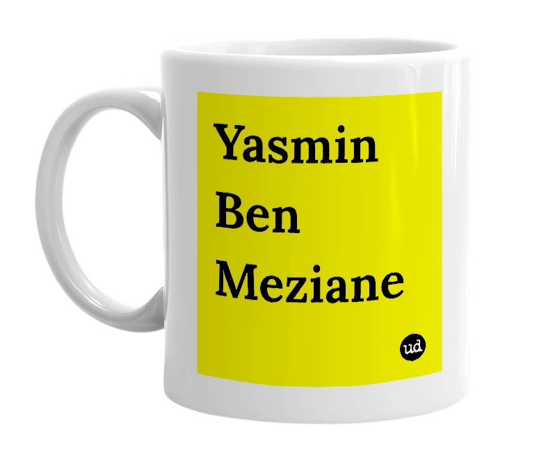 White mug with 'Yasmin Ben Meziane' in bold black letters