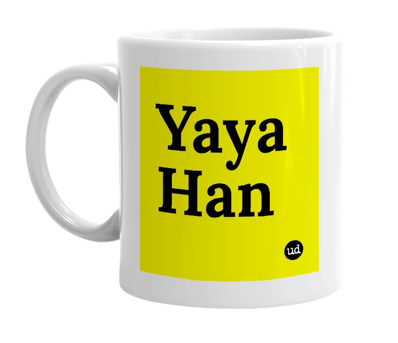 White mug with 'Yaya Han' in bold black letters