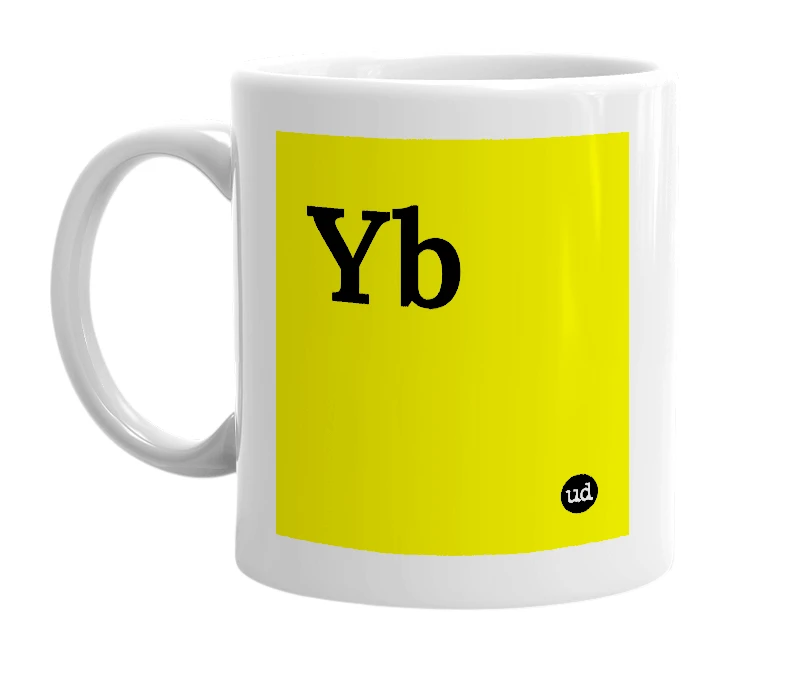 White mug with 'Yb' in bold black letters