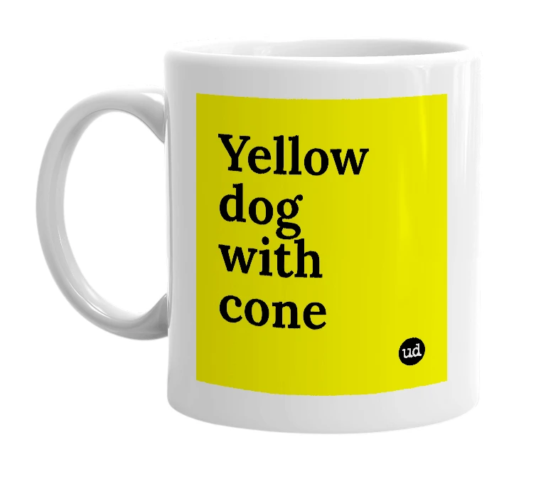 White mug with 'Yellow dog with cone' in bold black letters