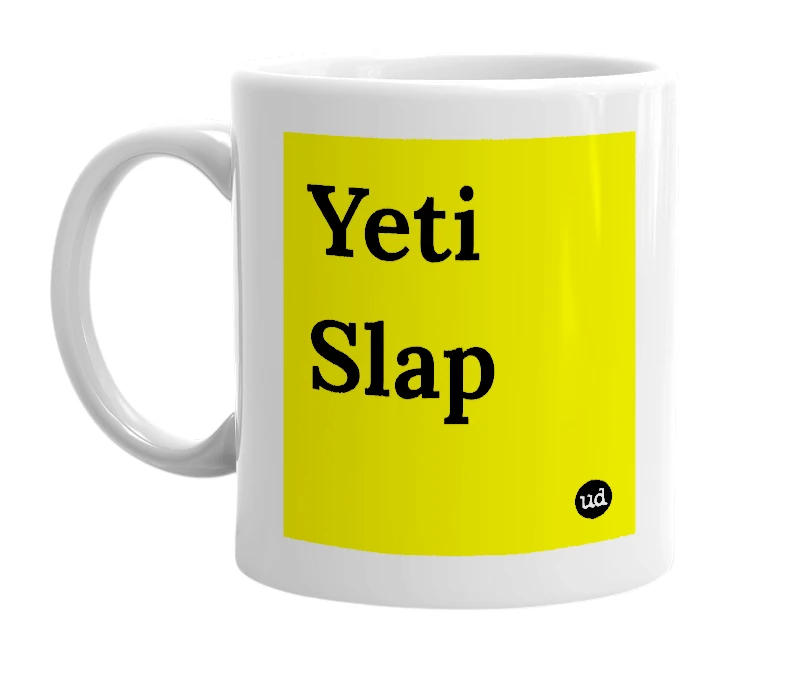 White mug with 'Yeti Slap' in bold black letters