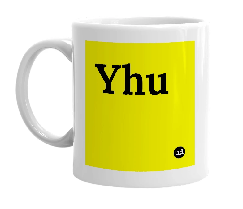 White mug with 'Yhu' in bold black letters