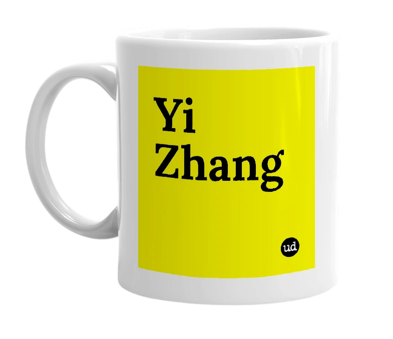 White mug with 'Yi Zhang' in bold black letters