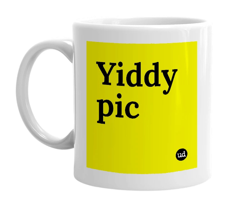 White mug with 'Yiddy pic' in bold black letters