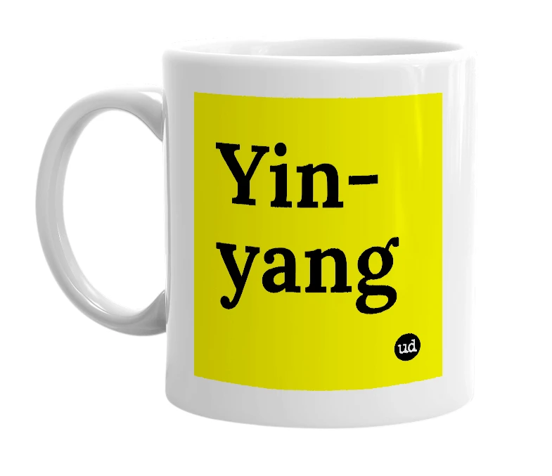 White mug with 'Yin-yang' in bold black letters