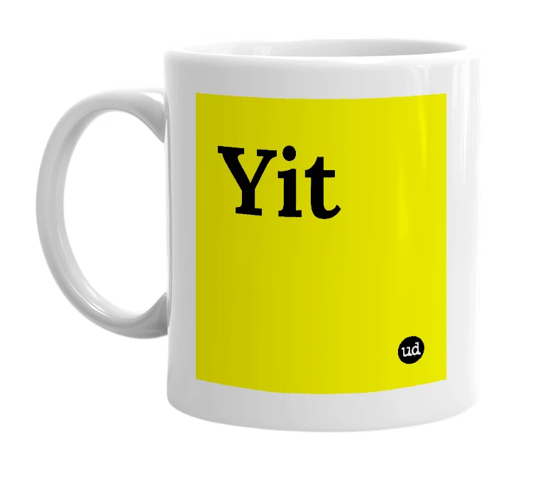 White mug with 'Yit' in bold black letters