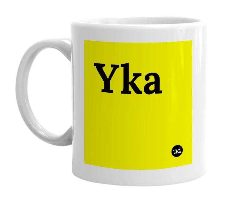 White mug with 'Yka' in bold black letters