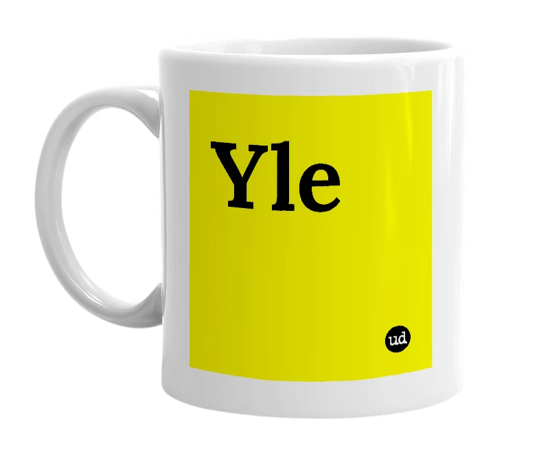 White mug with 'Yle' in bold black letters