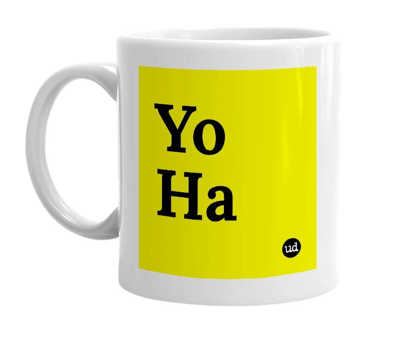 White mug with 'Yo Ha' in bold black letters