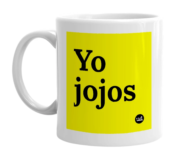 White mug with 'Yo jojos' in bold black letters