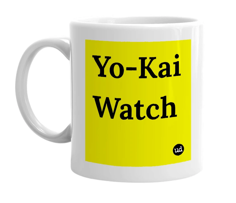 White mug with 'Yo-Kai Watch' in bold black letters
