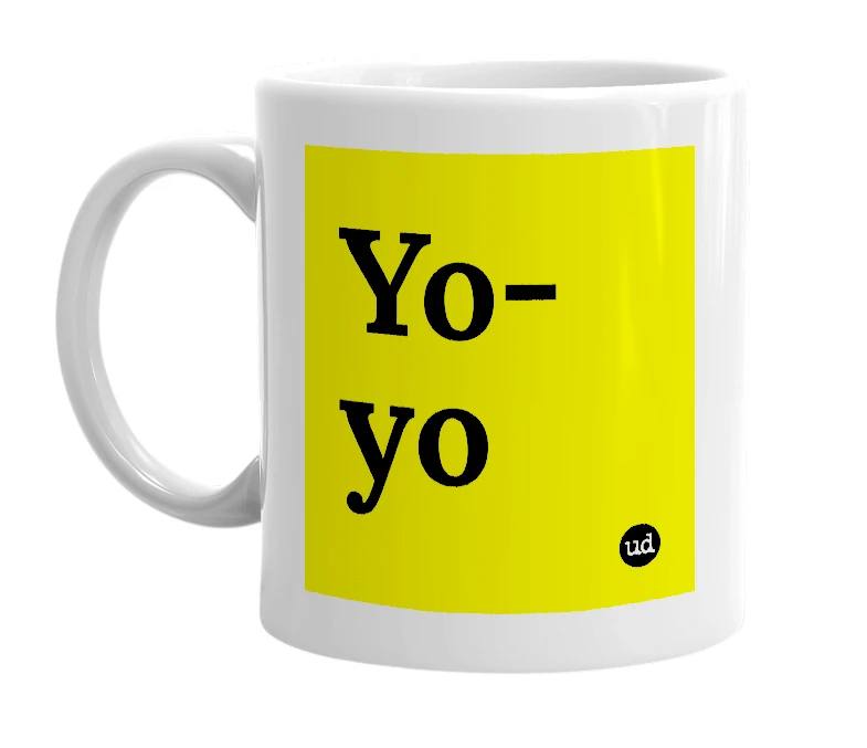 White mug with 'Yo-yo' in bold black letters