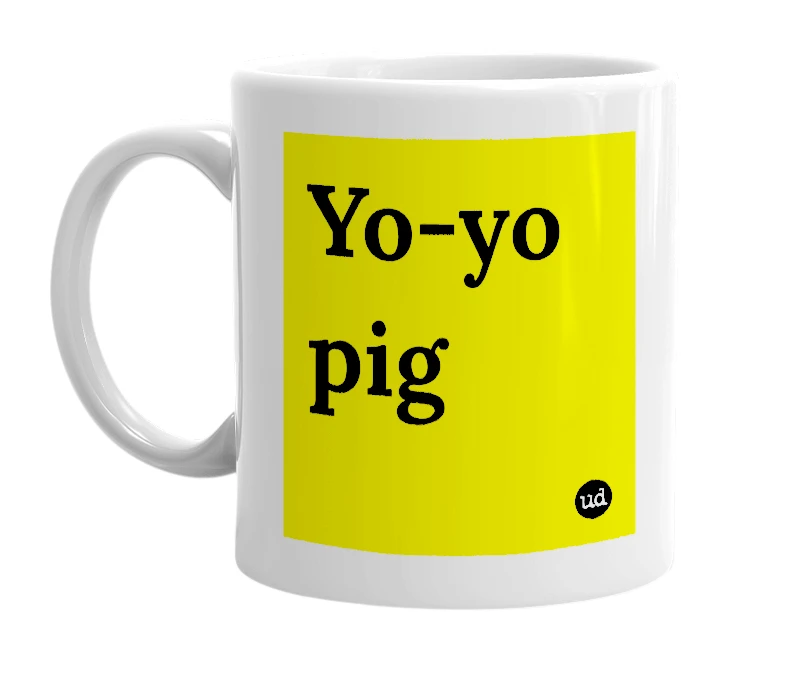 White mug with 'Yo-yo pig' in bold black letters