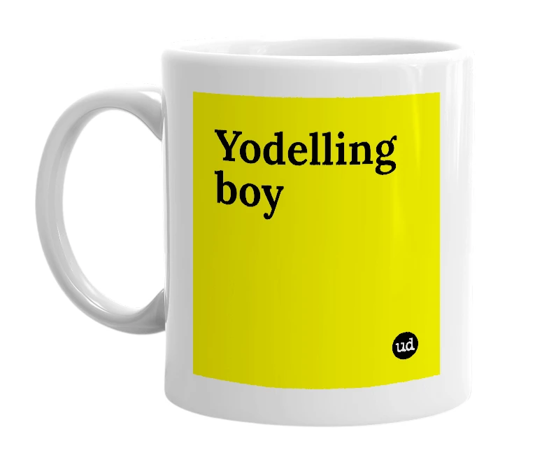 White mug with 'Yodelling boy' in bold black letters