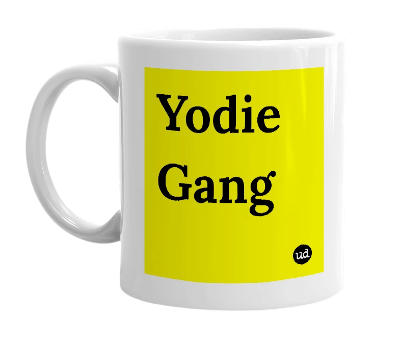 White mug with 'Yodie Gang' in bold black letters