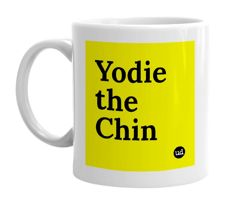 White mug with 'Yodie the Chin' in bold black letters