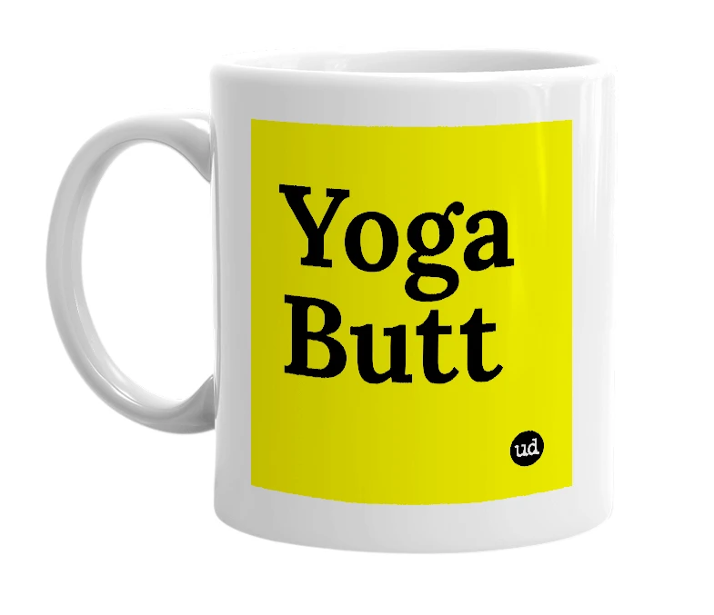 White mug with 'Yoga Butt' in bold black letters