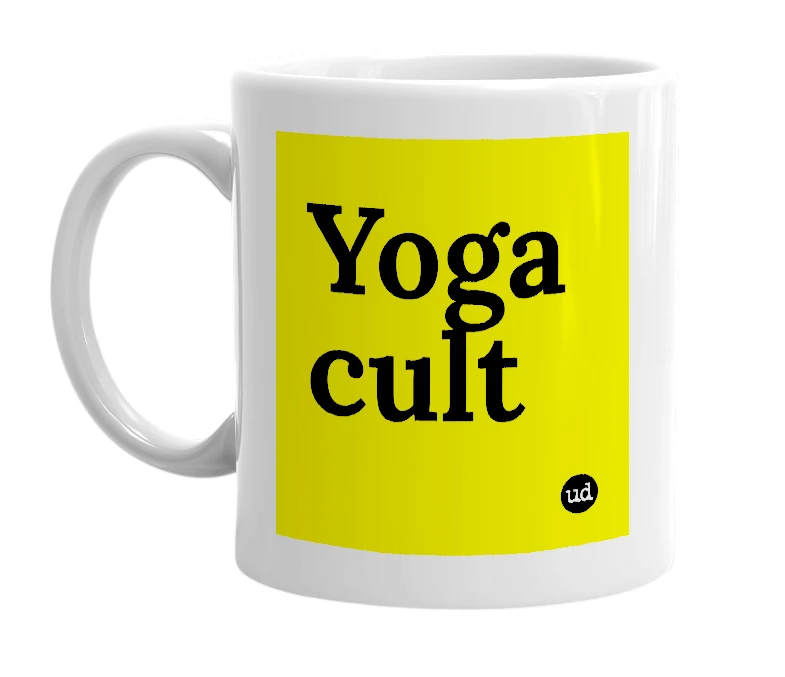 White mug with 'Yoga cult' in bold black letters