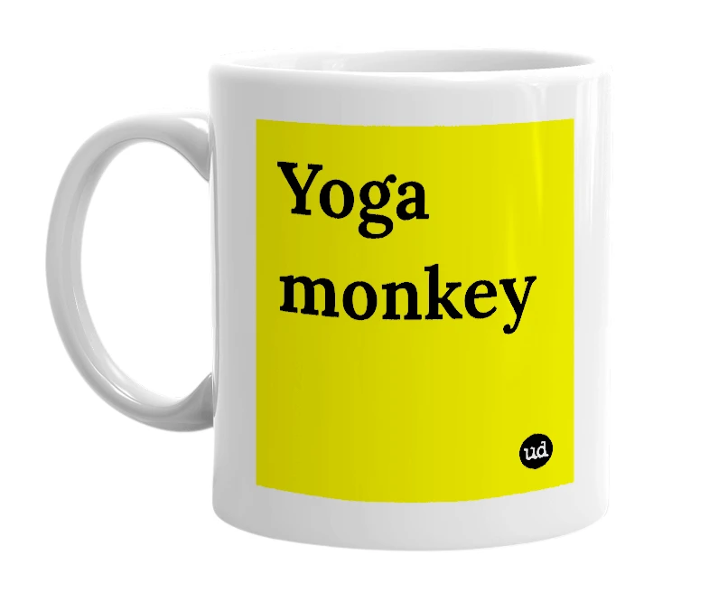 White mug with 'Yoga monkey' in bold black letters