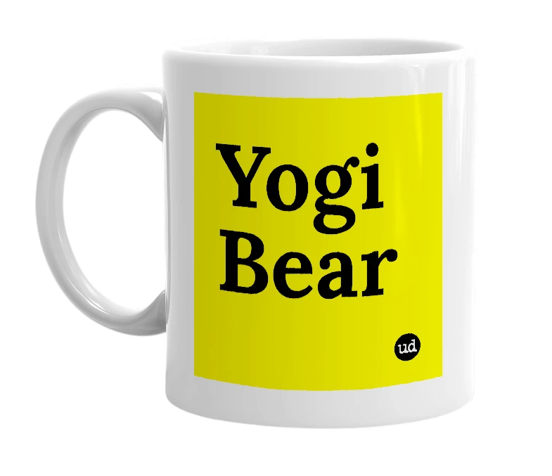 White mug with 'Yogi Bear' in bold black letters