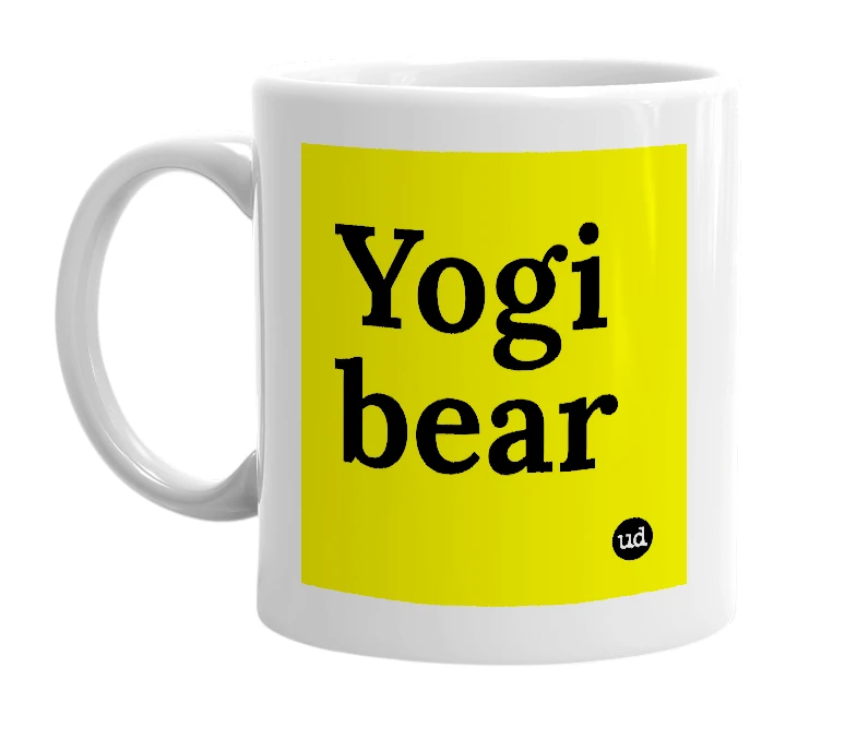 White mug with 'Yogi bear' in bold black letters