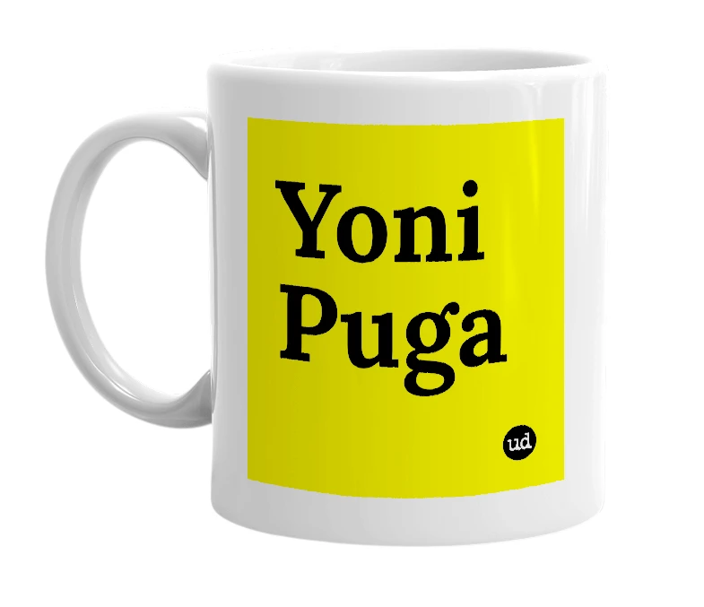 White mug with 'Yoni Puga' in bold black letters