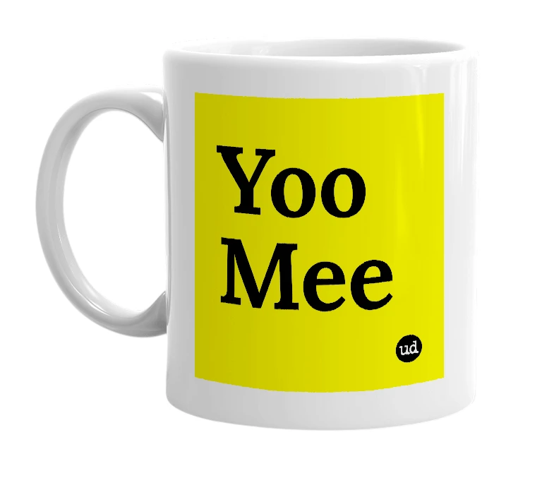 White mug with 'Yoo Mee' in bold black letters