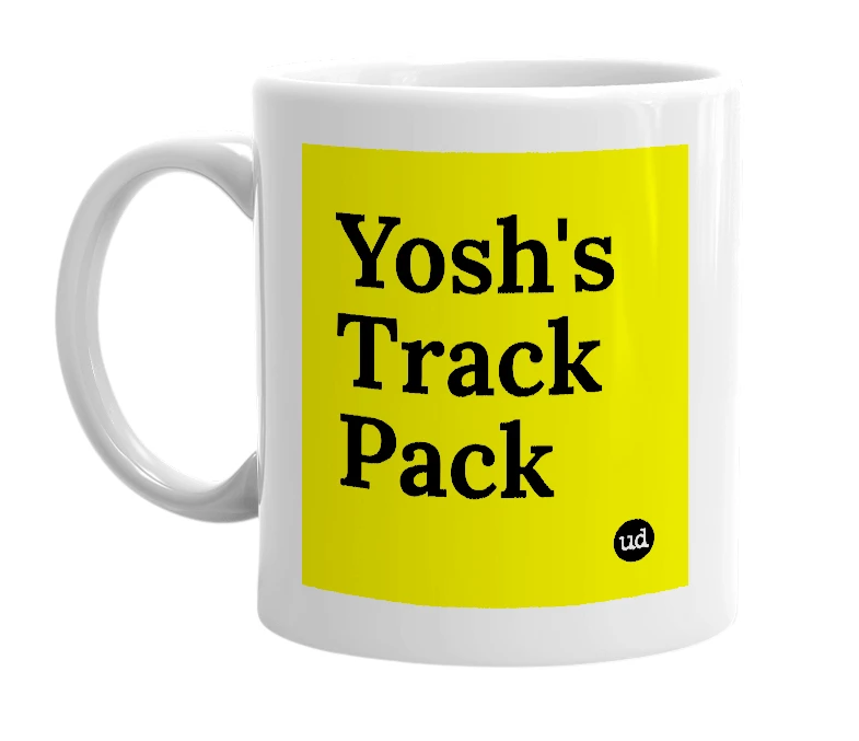 White mug with 'Yosh's Track Pack' in bold black letters