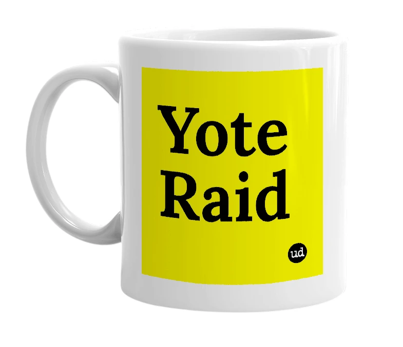 White mug with 'Yote Raid' in bold black letters
