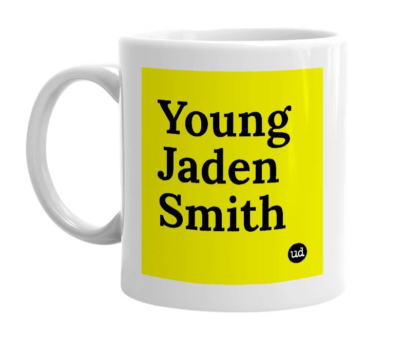 White mug with 'Young Jaden Smith' in bold black letters