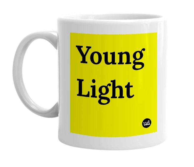 White mug with 'Young Light' in bold black letters