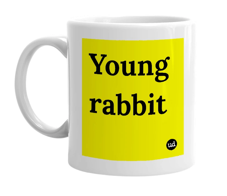 White mug with 'Young rabbit' in bold black letters