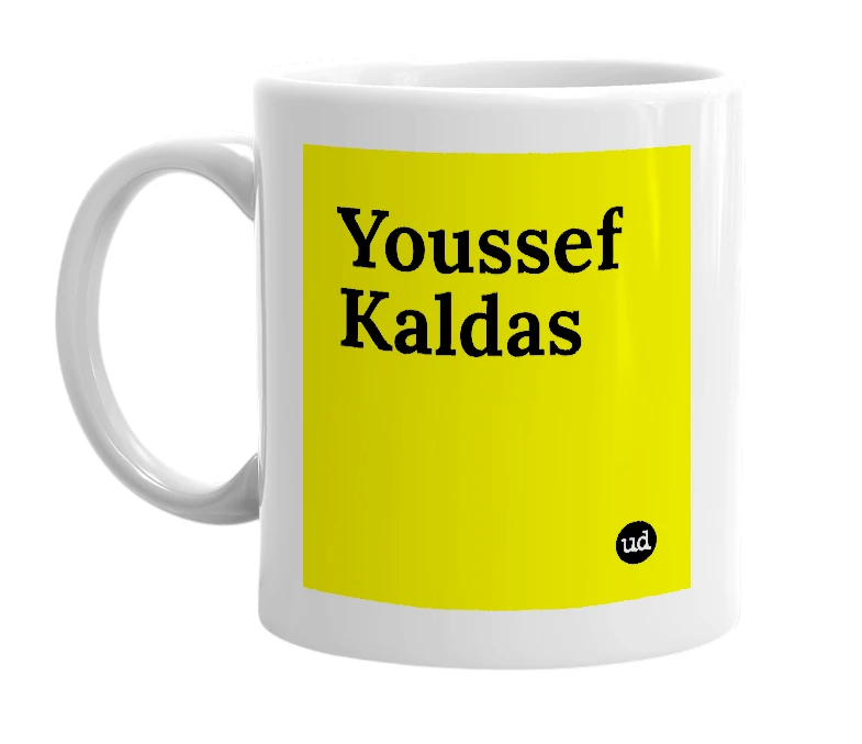 White mug with 'Youssef Kaldas' in bold black letters