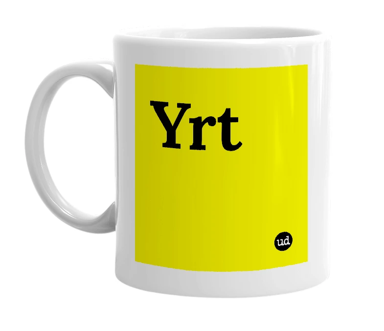 White mug with 'Yrt' in bold black letters